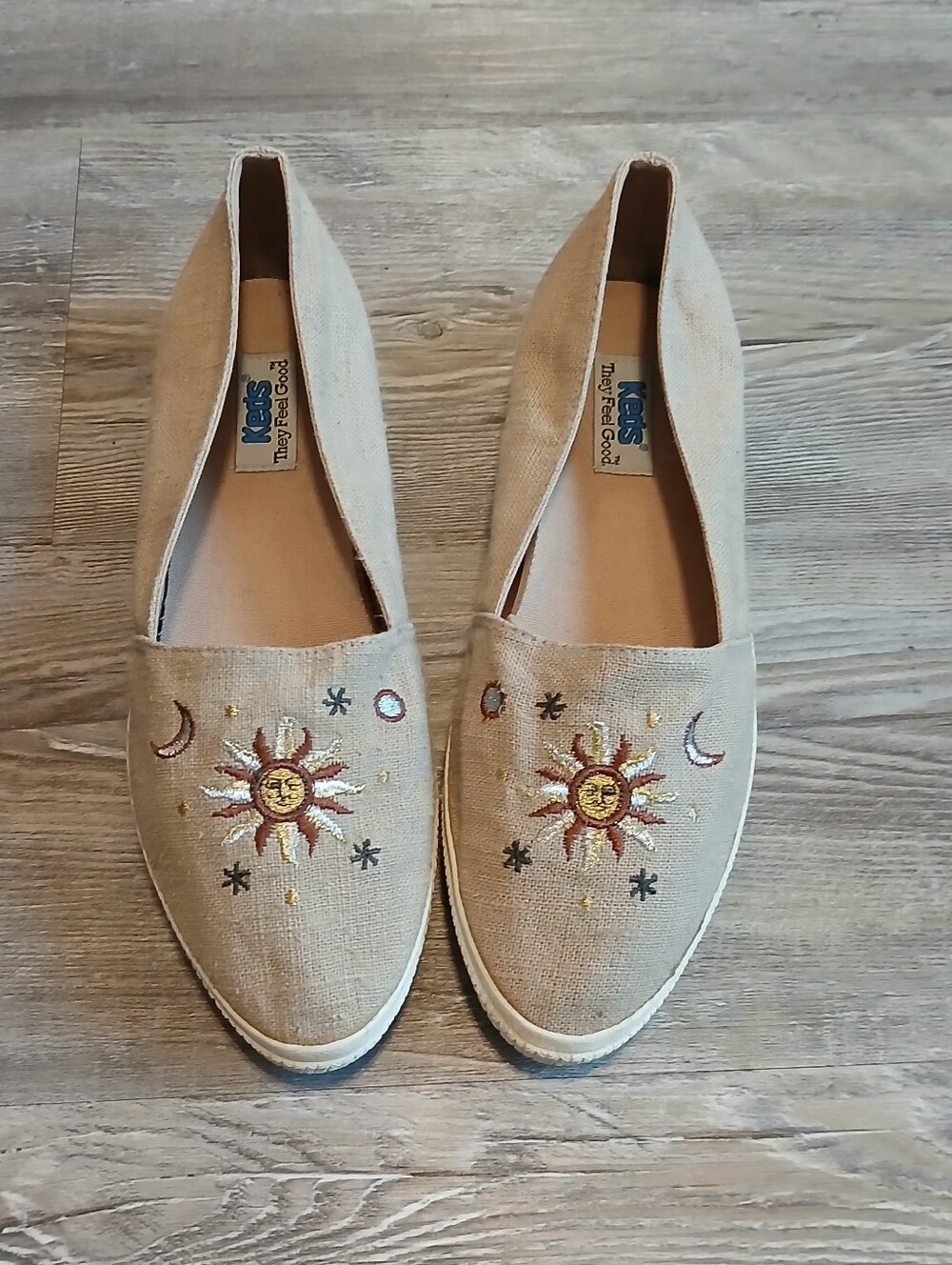Like New VINTAGE OG Keds 1990's Slip On Khaki Canvas Celestial Shoes Size 10